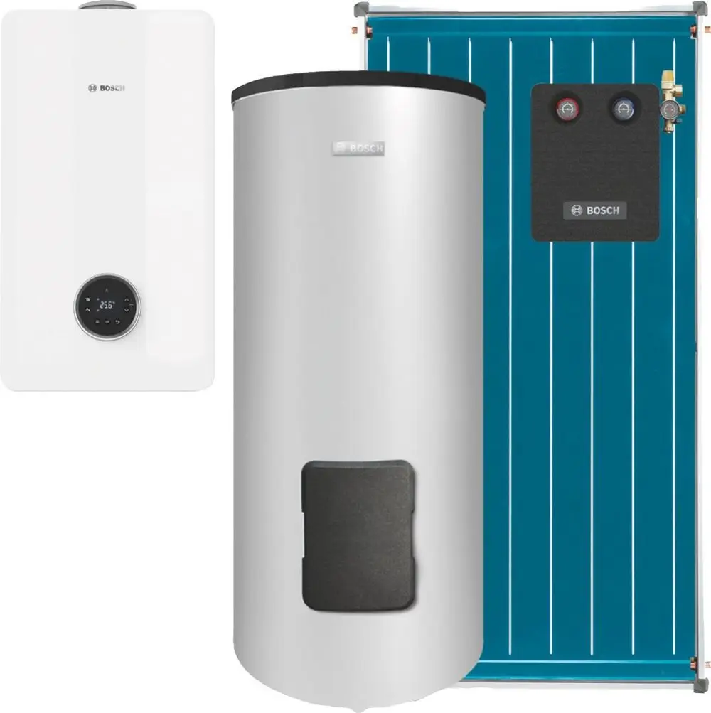 Bosch Heizungssystem bestehend aus einem weißen Kessel, einem silbernen Warmwasserspeicher und einem blauen Solarpanel mit Anschlüssen für Wasser und Gas.